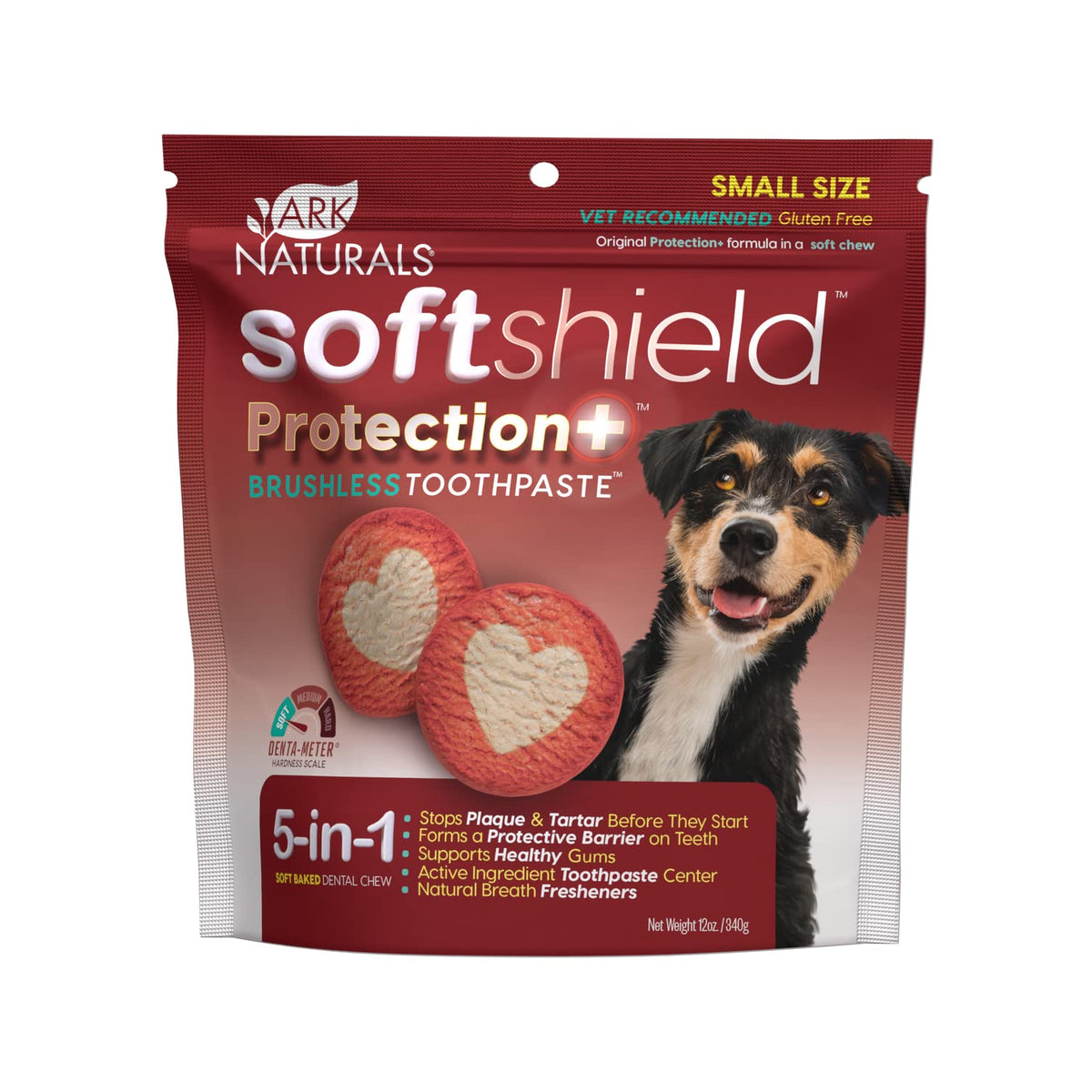 ARK NATURALS Soft Shield bag shows small-breed dental chews for daily care.