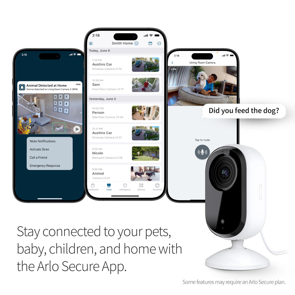 Arlo Essential Indoor Camera 2-way audio enables conversations with family or pets.