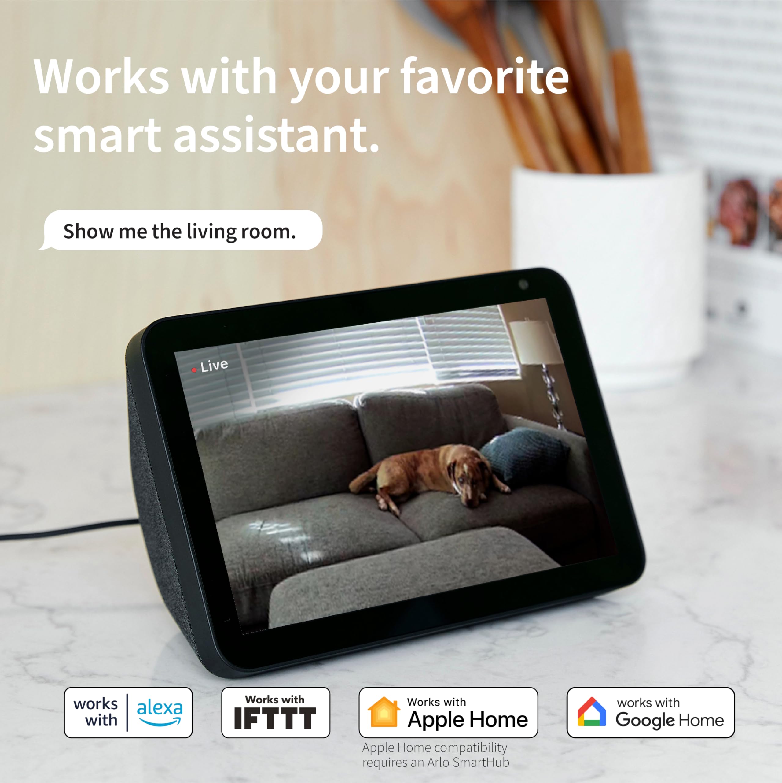Arlo Essential Indoor Camera live stream provides real-time home viewing.