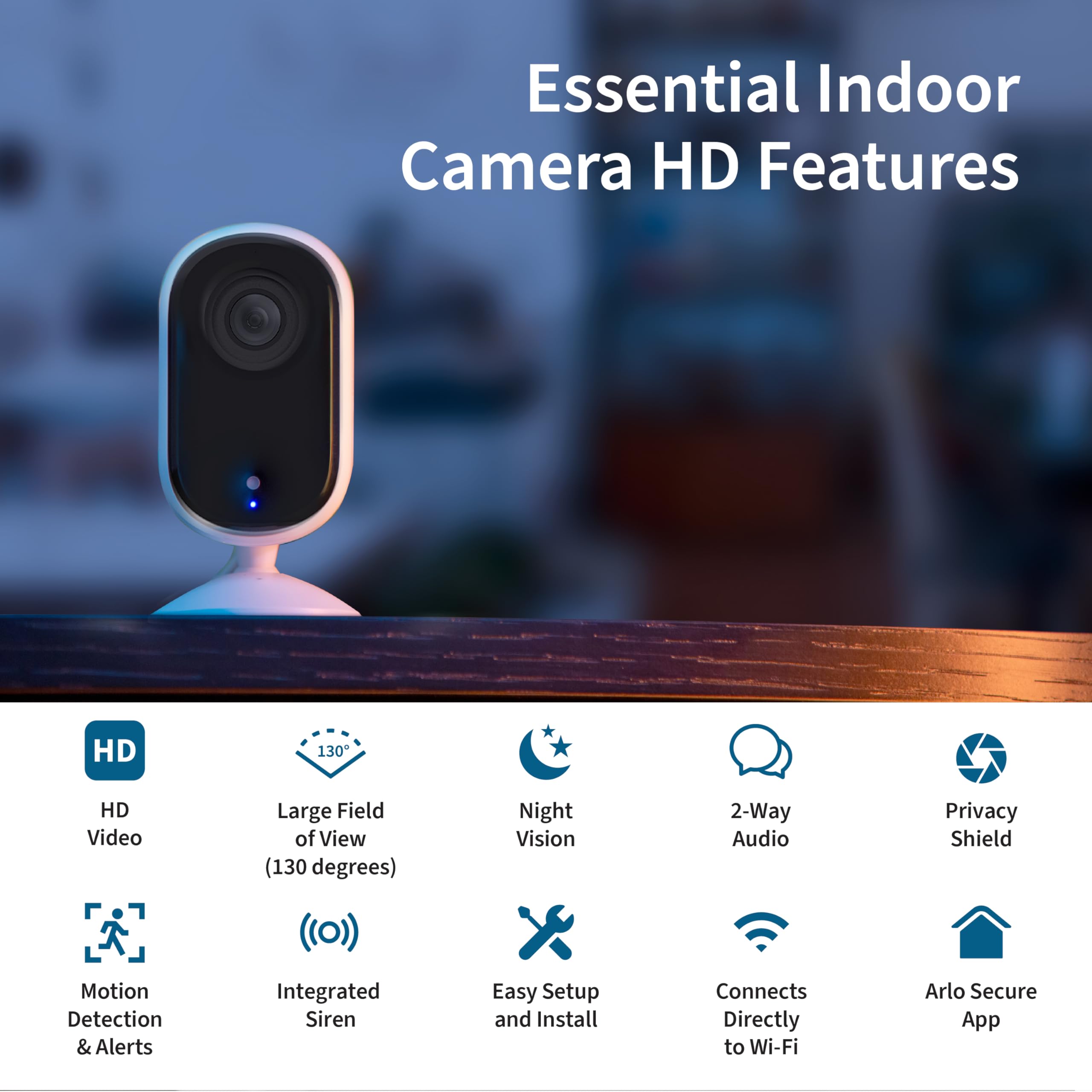 Arlo Essential Indoor Camera night vision view for clear footage in low light.