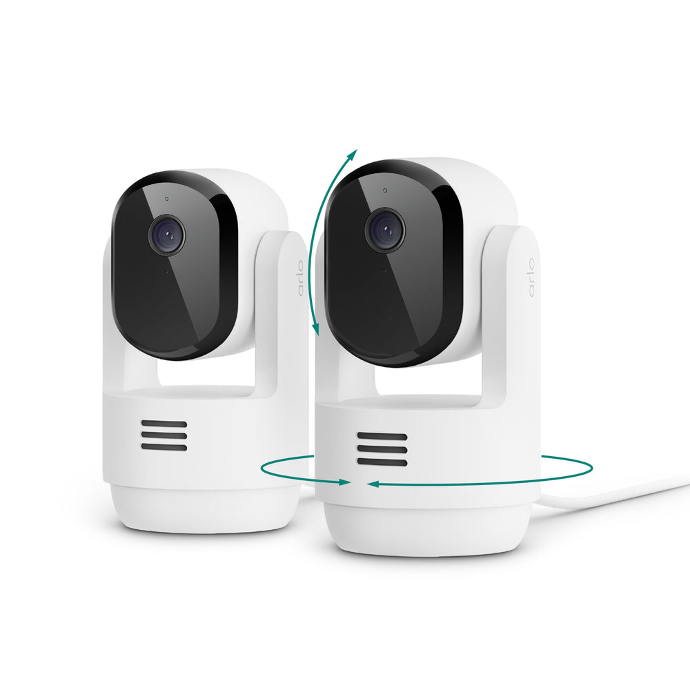 Arlo Essential Indoor Pan Tilt Camera 2K front view delivers crisp live monitoring.