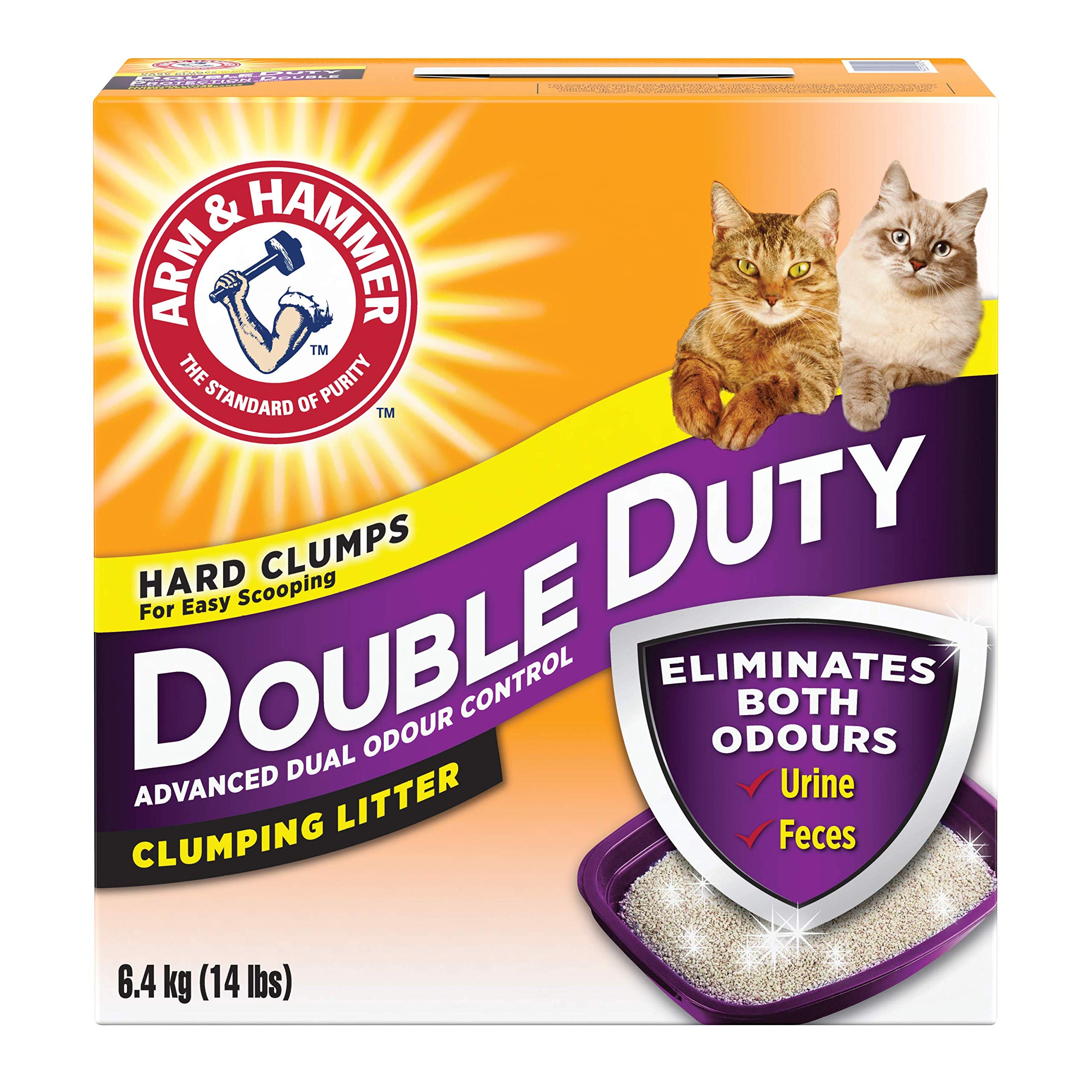 Arm & Hammer Double Duty Cat Litter packaging close-up highlighting the 6.4 kg bag.
