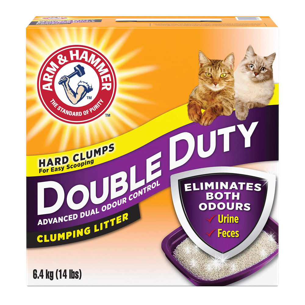 Arm & Hammer Double Duty Cat Litter packaging close-up highlighting the 6.4 kg bag.