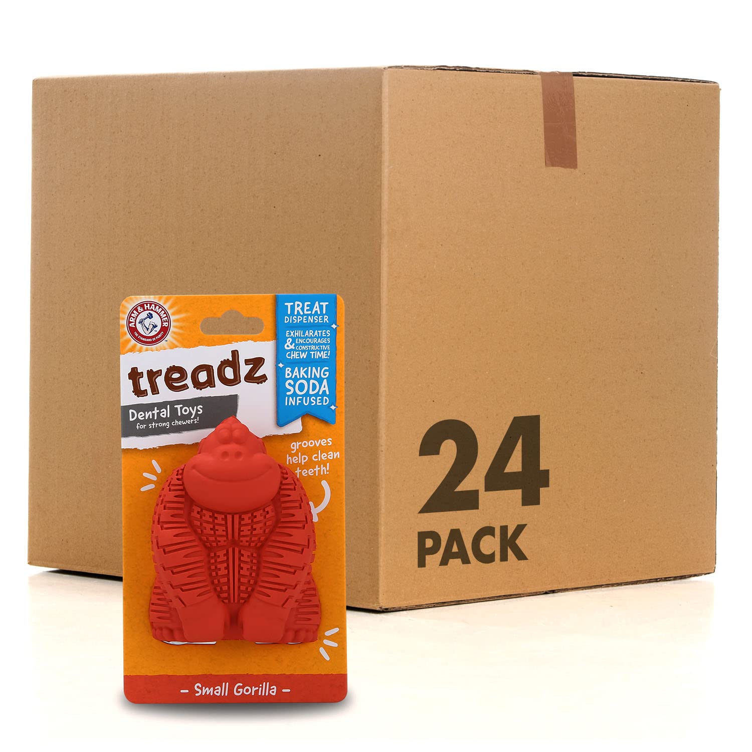 Arm & Hammer for Pets Super Treadz Mini Gorilla chew toy closeup showing breath-freshening potential.