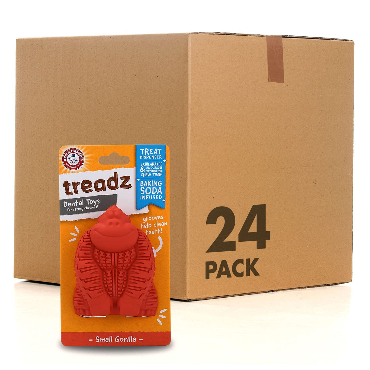 Arm & Hammer for Pets Super Treadz Mini Gorilla chew toy closeup showing breath-freshening potential.