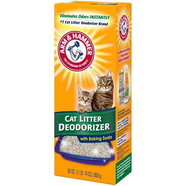 Arm & Hammer deodorizer box open showing baking soda odor control technology.