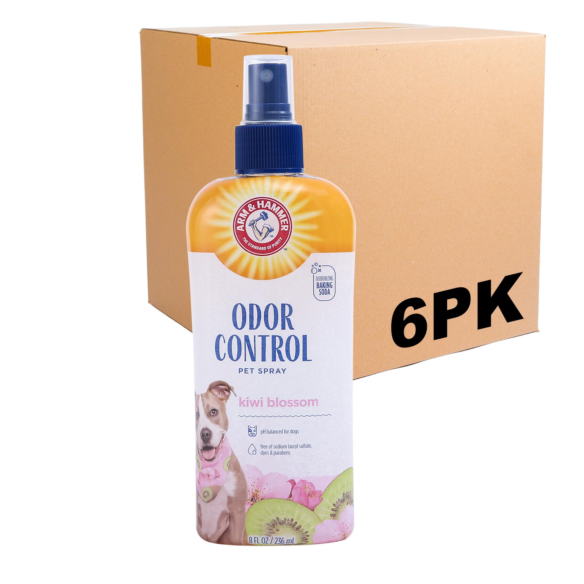 Arm & Hammer dog spray kiwi bottle shows odor elimination between baths.