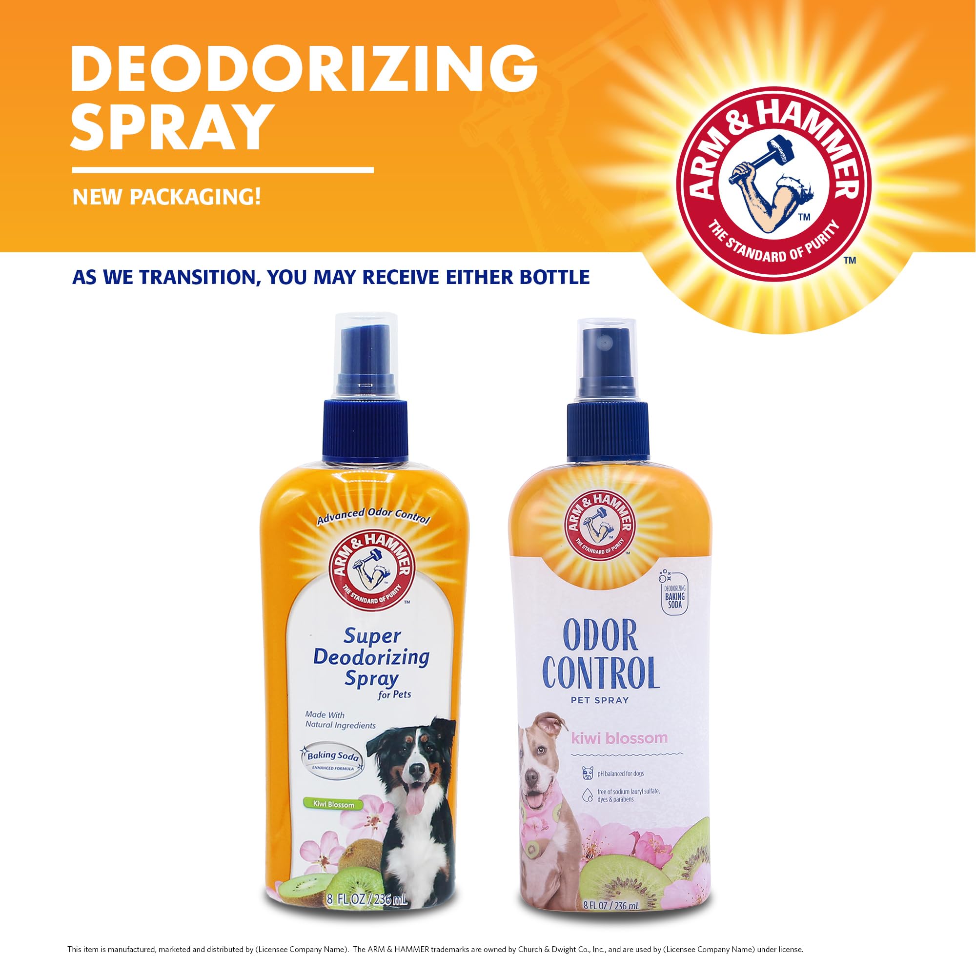 Arm & Hammer kiwi blossom scent coats dog fur with lasting deodorized feel.