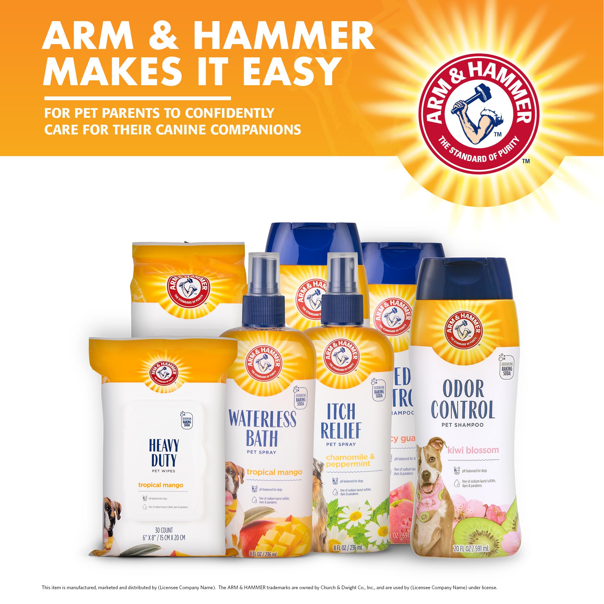 Arm & Hammer label on bottle emphasizes safe, pet-friendly formula.