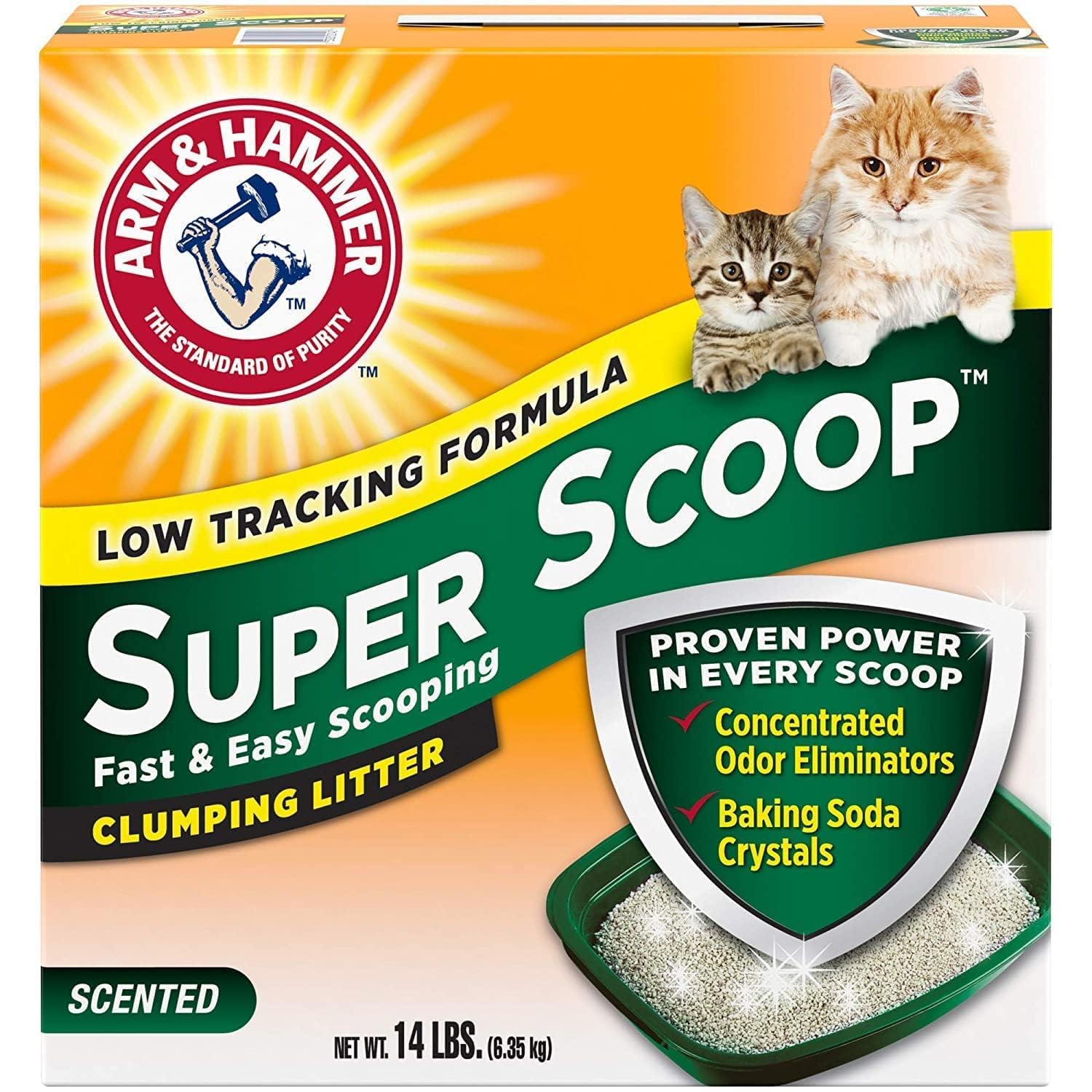 Arm & Hammer Super Scoop litter front-label shows ammonia odor control in action.