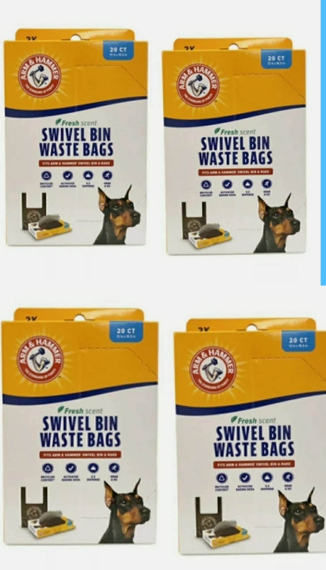 Arm & Hammer Swivel Bin Waste Bags 80ct packaging shows easy-tear design for quick pickup.
