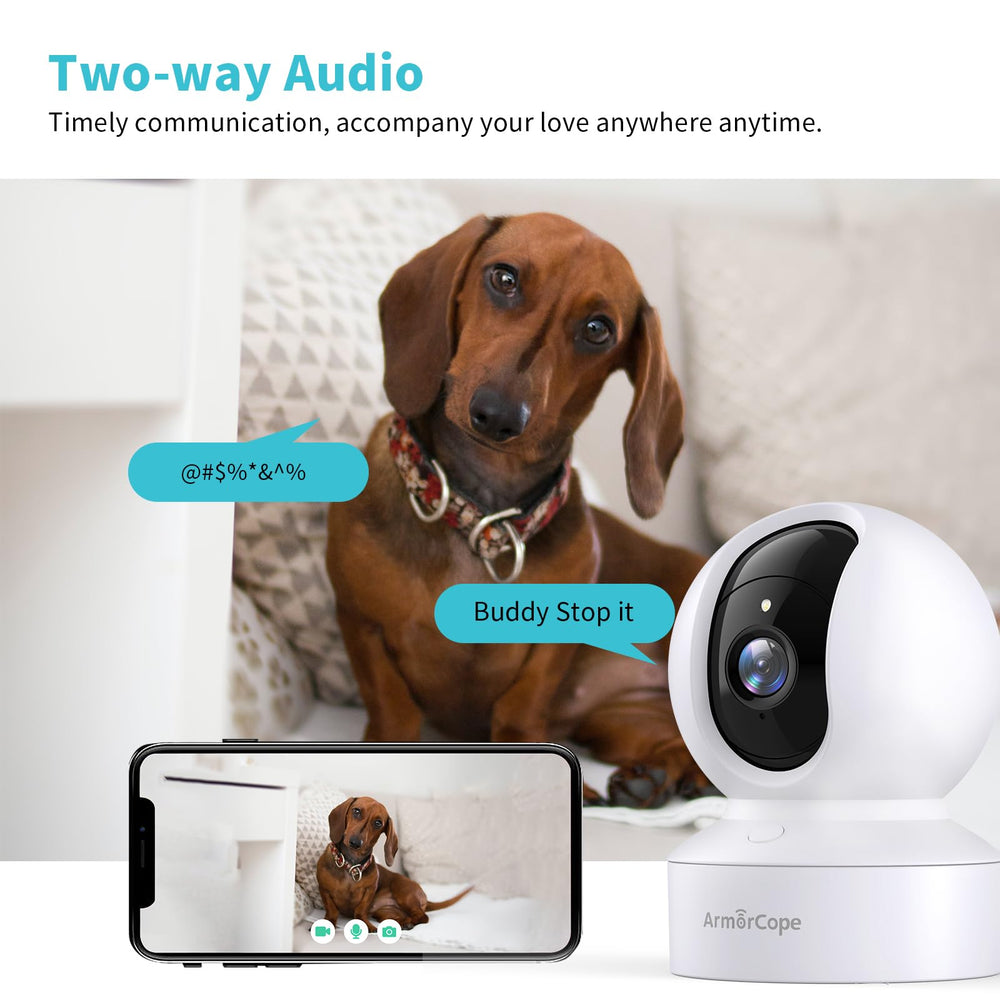 Armorcope pet camera 360 pan-tilt captures every corner for full-room awareness.