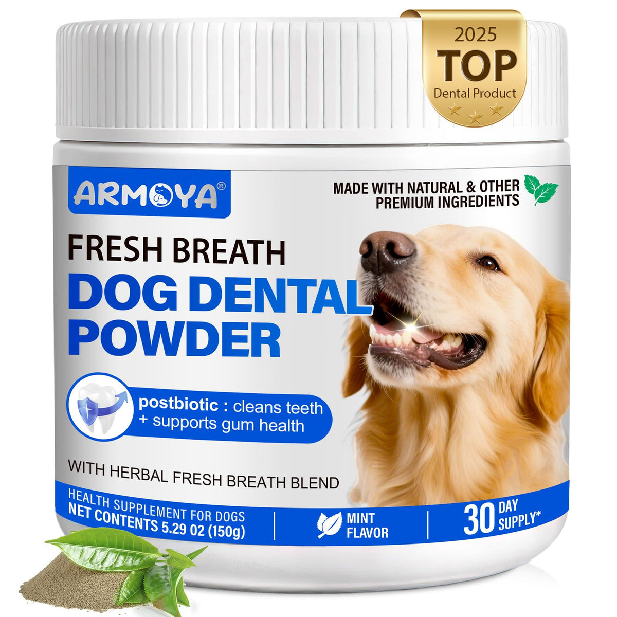ARMOYA dog teeth cleaning powder tub for convenient daily dental care