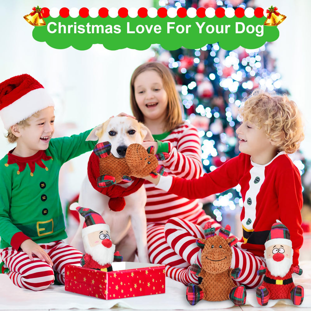 Aroocke dog use image shows indoor festive play with plush toys.