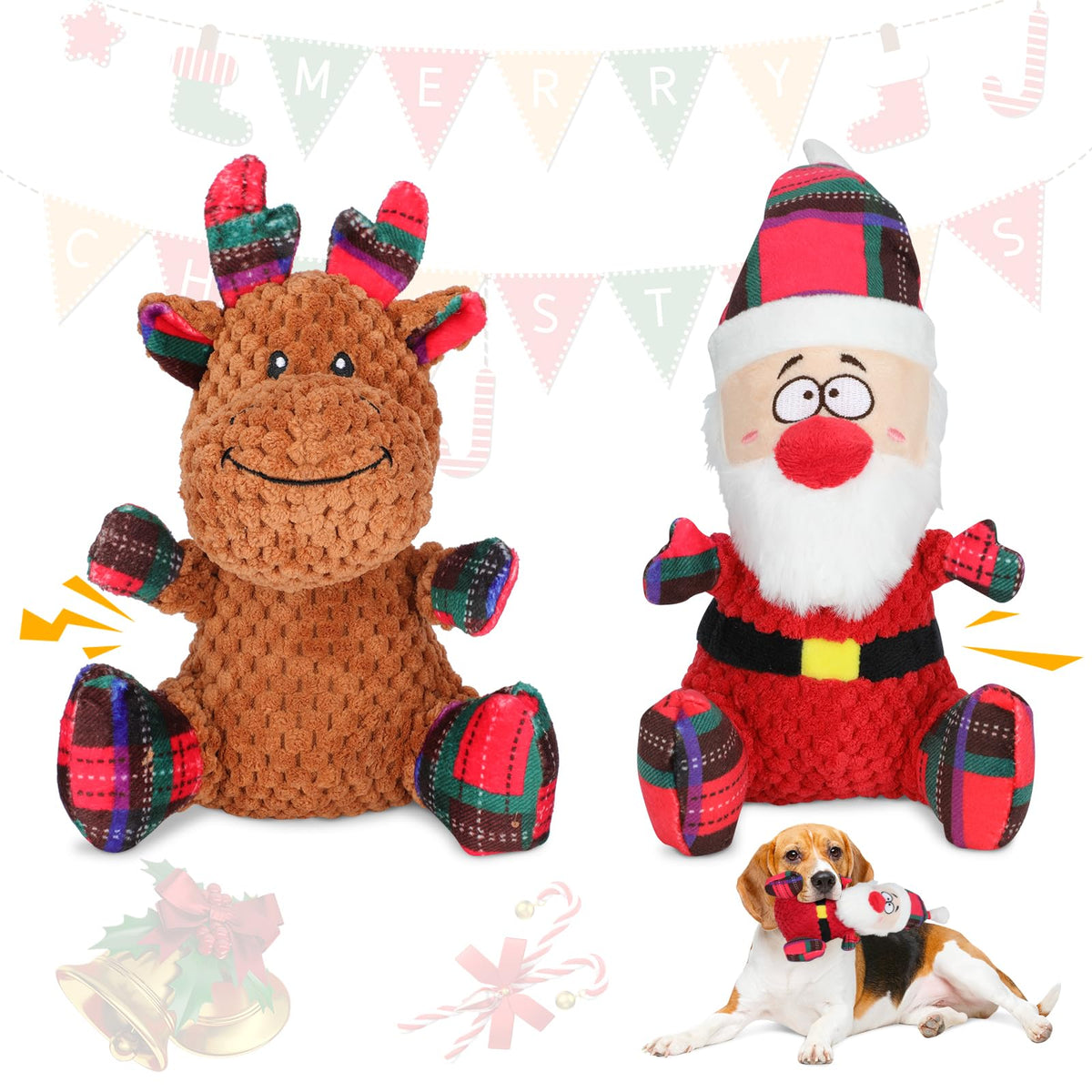 Aroocke Santa toy left promotes festive dog play and photos.