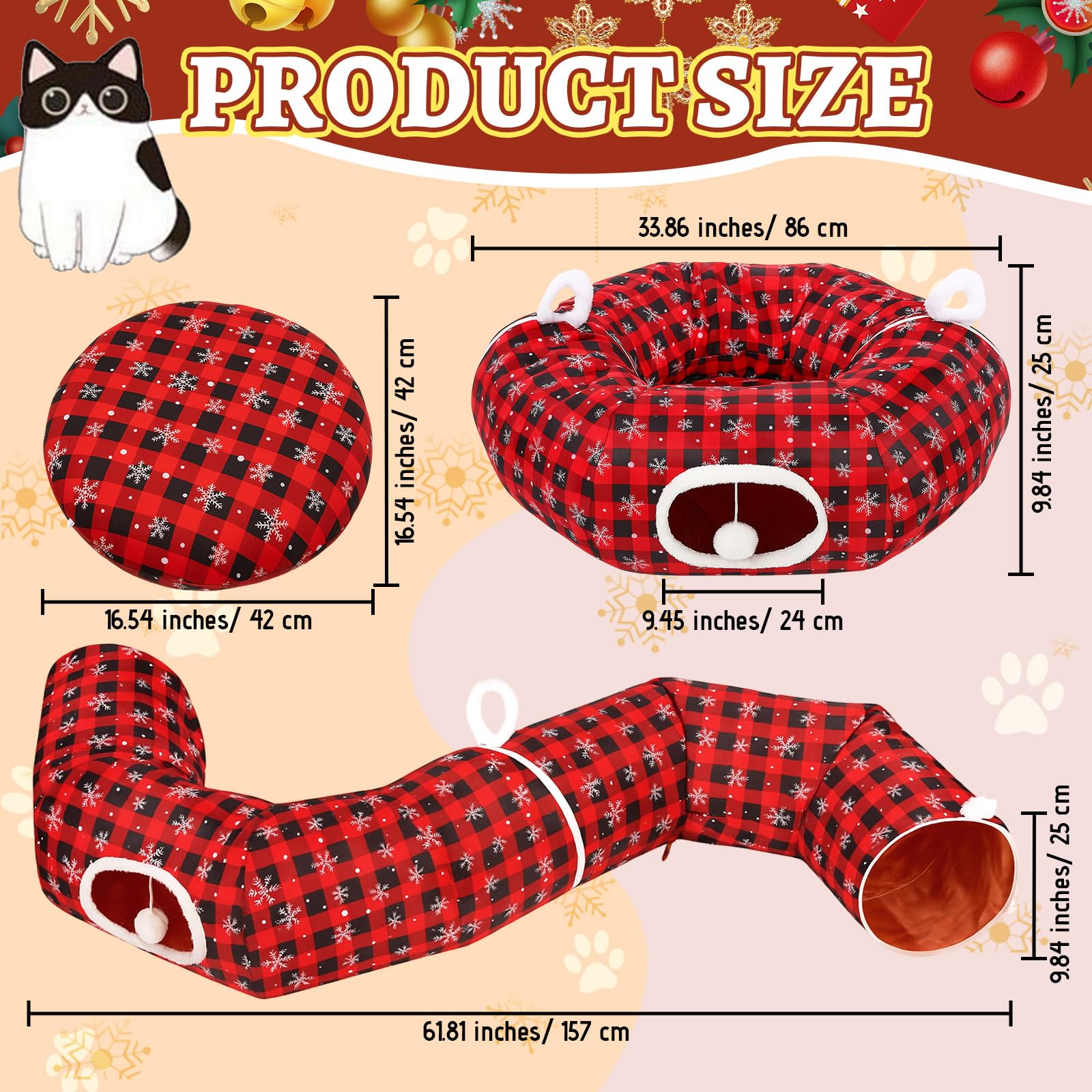 Arrowbash Christmas Cat Tunnel plush ball entrance invites interactive play and exercise for indoor cats.