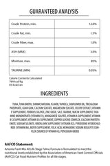 Artemis Osopure label closeup showing grain-free, hypoallergenic ingredients and healthy oil sources.