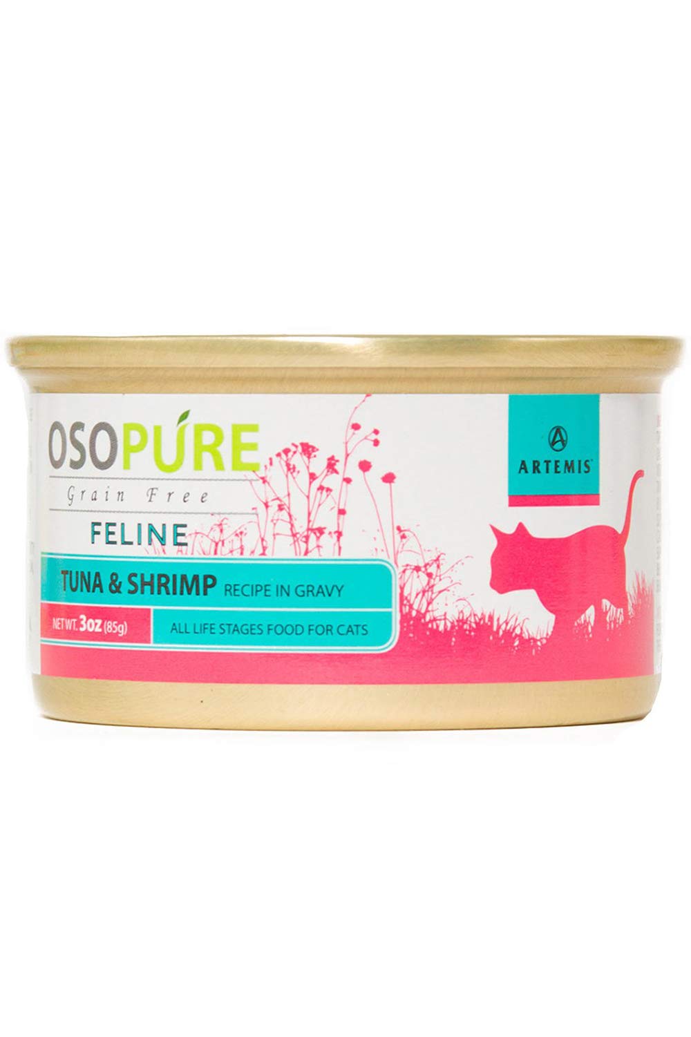 Artemis Osopure wet cat food packaging highlighting tuna and shrimp protein for grain-free nutrition.