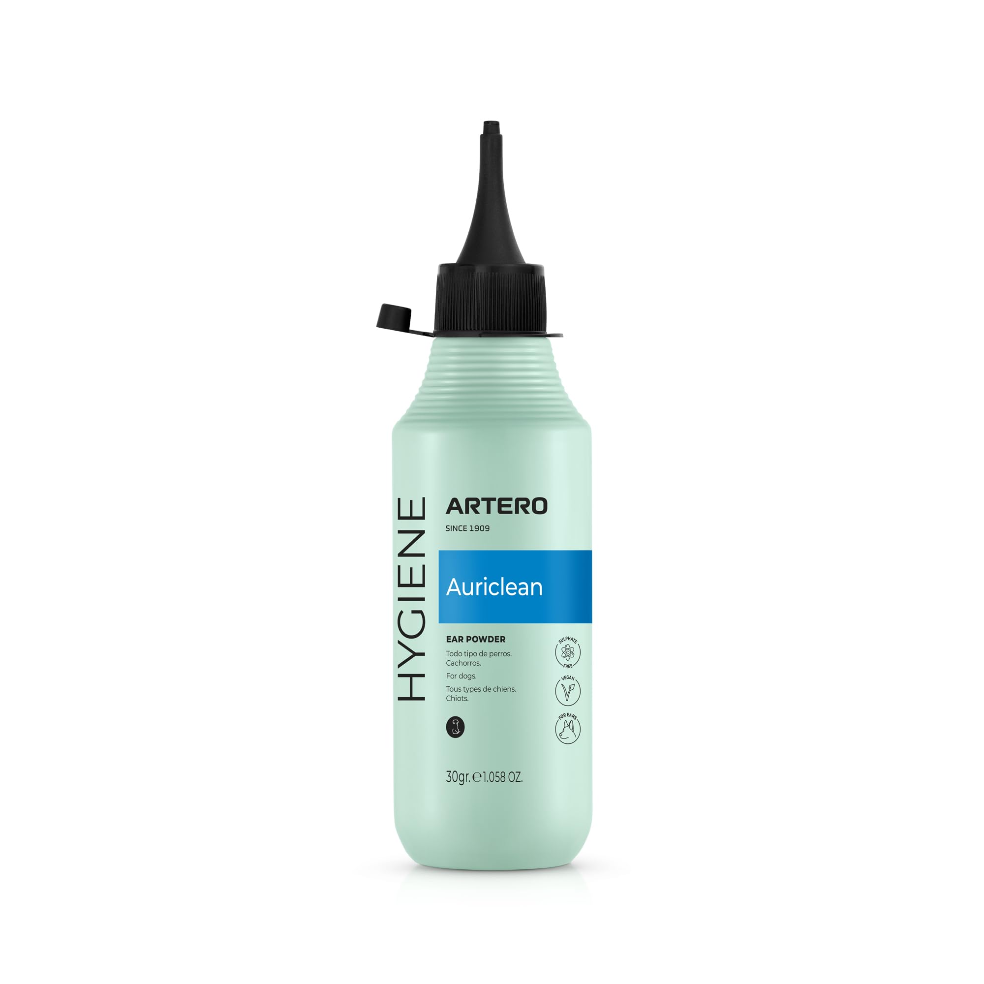 Artero Auriclean ear powder application demonstrates easy use for drying the ear canal.