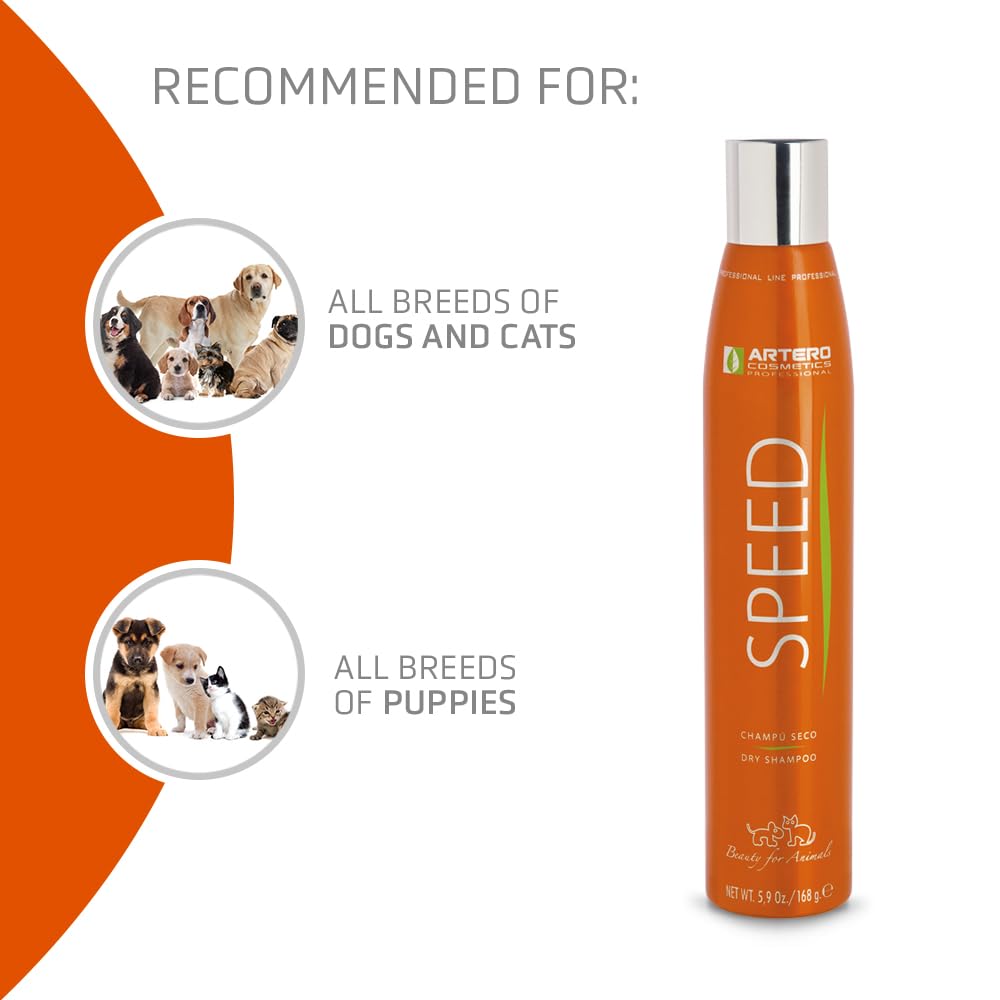 Artero Speed Dry Shampoo puppy-senior friendly display emphasizes gentler grooming for all ages.