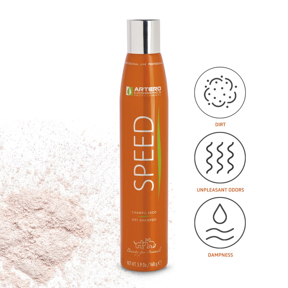 Artero Speed Dry Shampoo spray application illustrates easy 50cm distance for quick refresh.