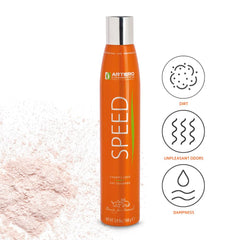 Artero Speed Dry Shampoo spray application illustrates easy 50cm distance for quick refresh.