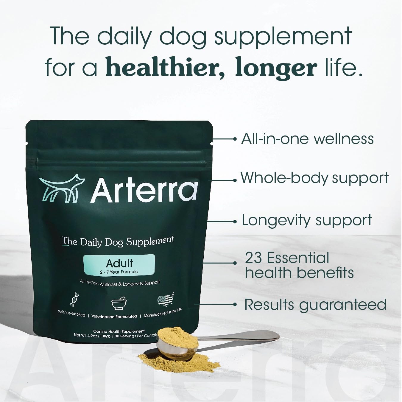 Arterra Dog supplement label front emphasizes USA made and filler free quality