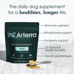 Arterra Dog supplement label front emphasizes USA made and filler free quality