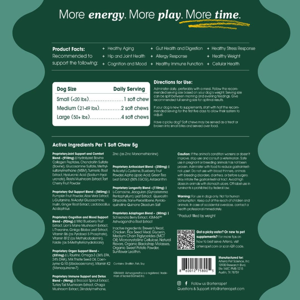 Arterra Longevity 120-count chews close-up communicates long-lasting daily supplementation.