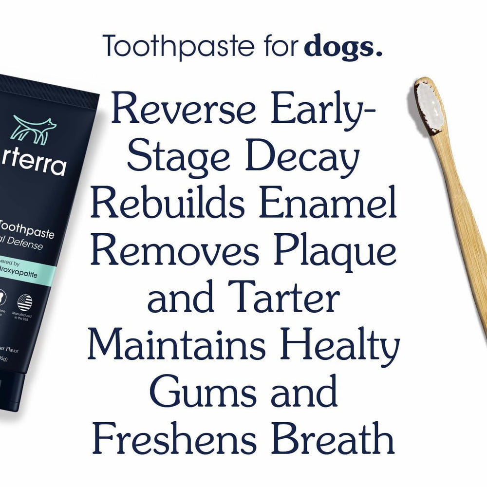 Arterra Pet Science peanut butter flavor brush action depicts stress-free brushing.