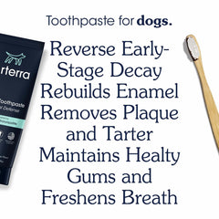 Arterra Pet Science peanut butter flavor brush action depicts stress-free brushing.