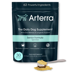 Arterra Senior Dog Powder bottle showing 63 ingredients for joint health and vitality
