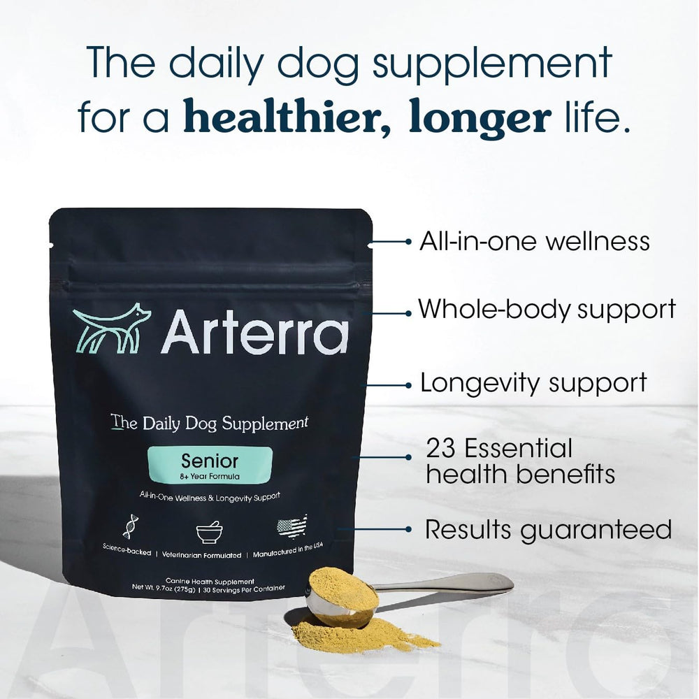 Arterra Senior Dog Powder in dog bowl shows easy meal incorporation for aging dogs