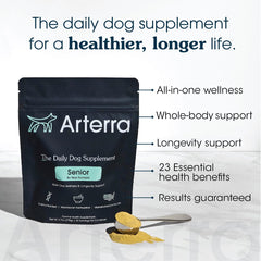 Arterra Senior Dog Powder in dog bowl shows easy meal incorporation for aging dogs