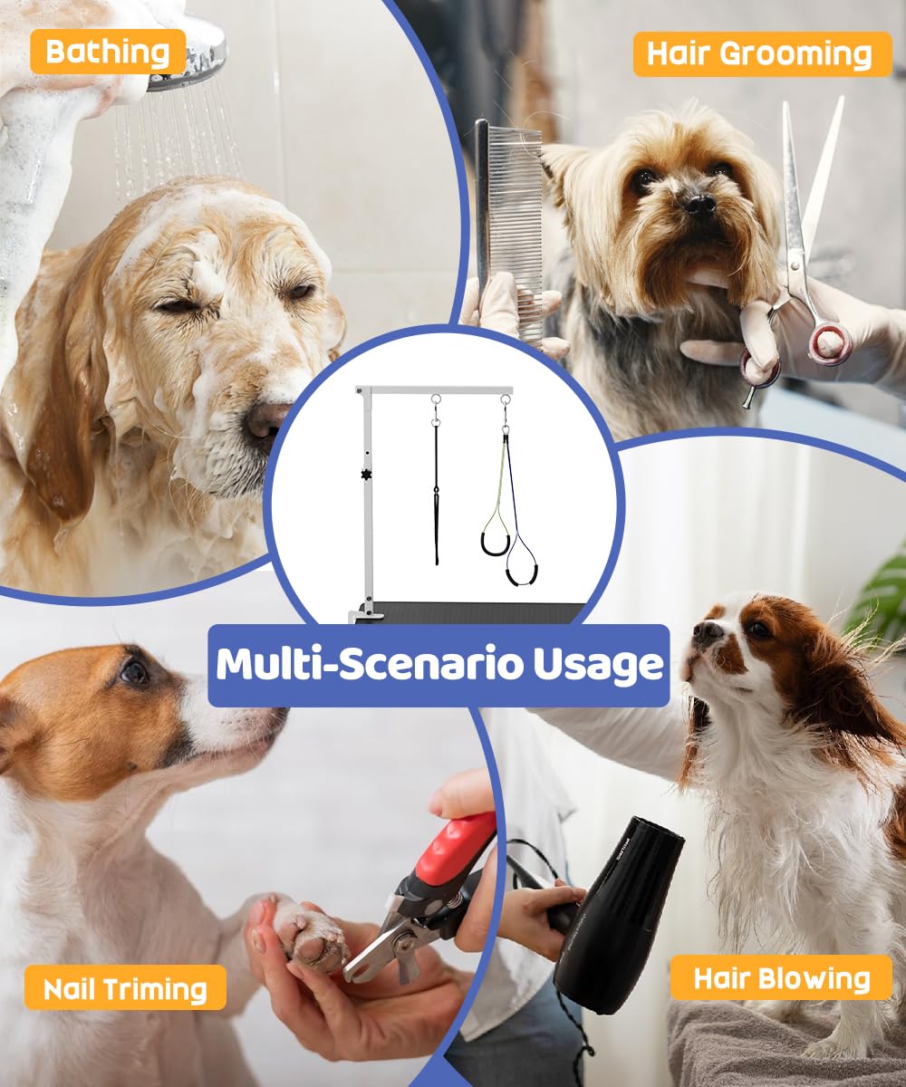 Artibear dog grooming arm in use for nails, bathing, and drying at home or store.