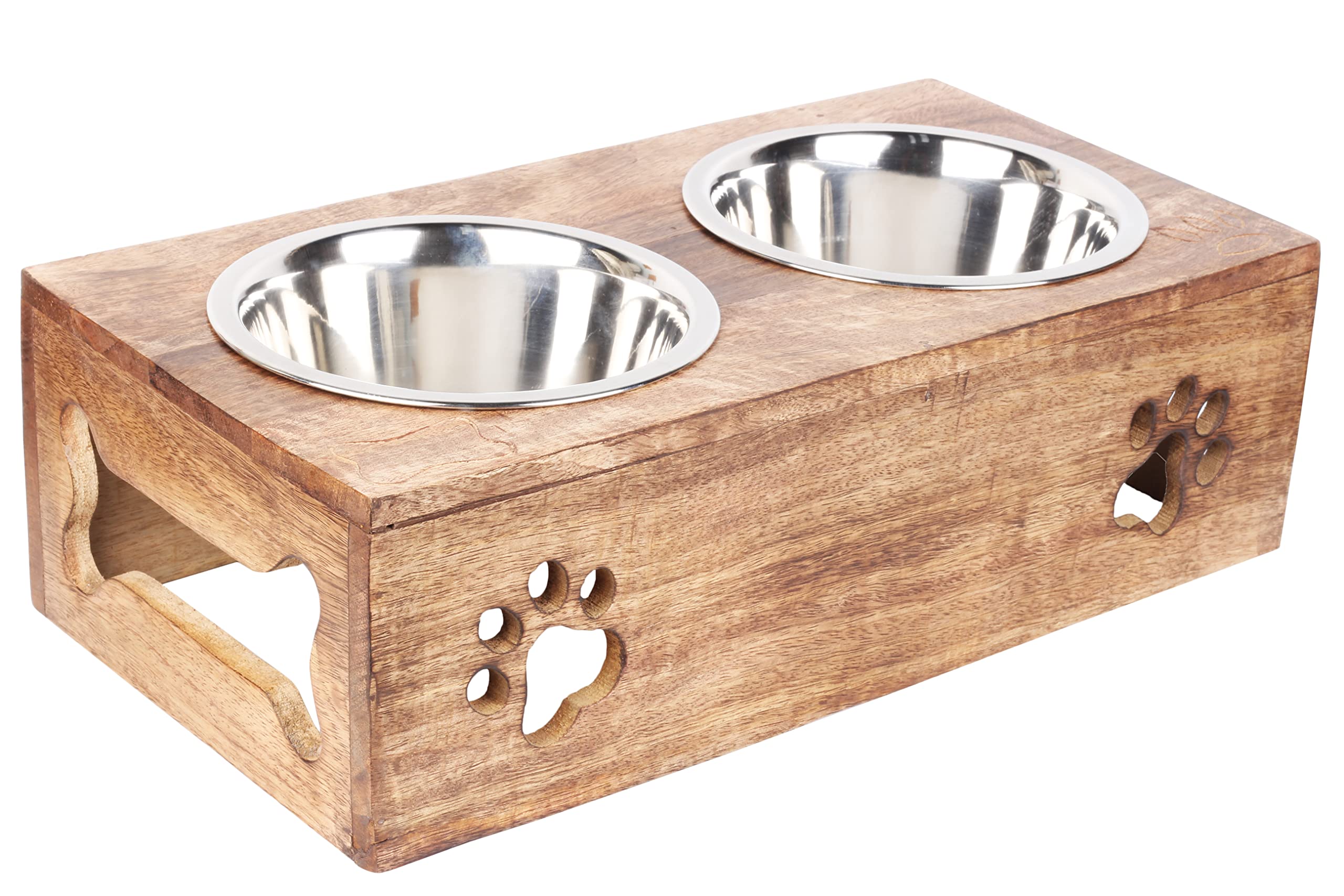 ARTISENIA Paw Design wooden pet feeder station with two bowls promotes comfortable elevated dining.