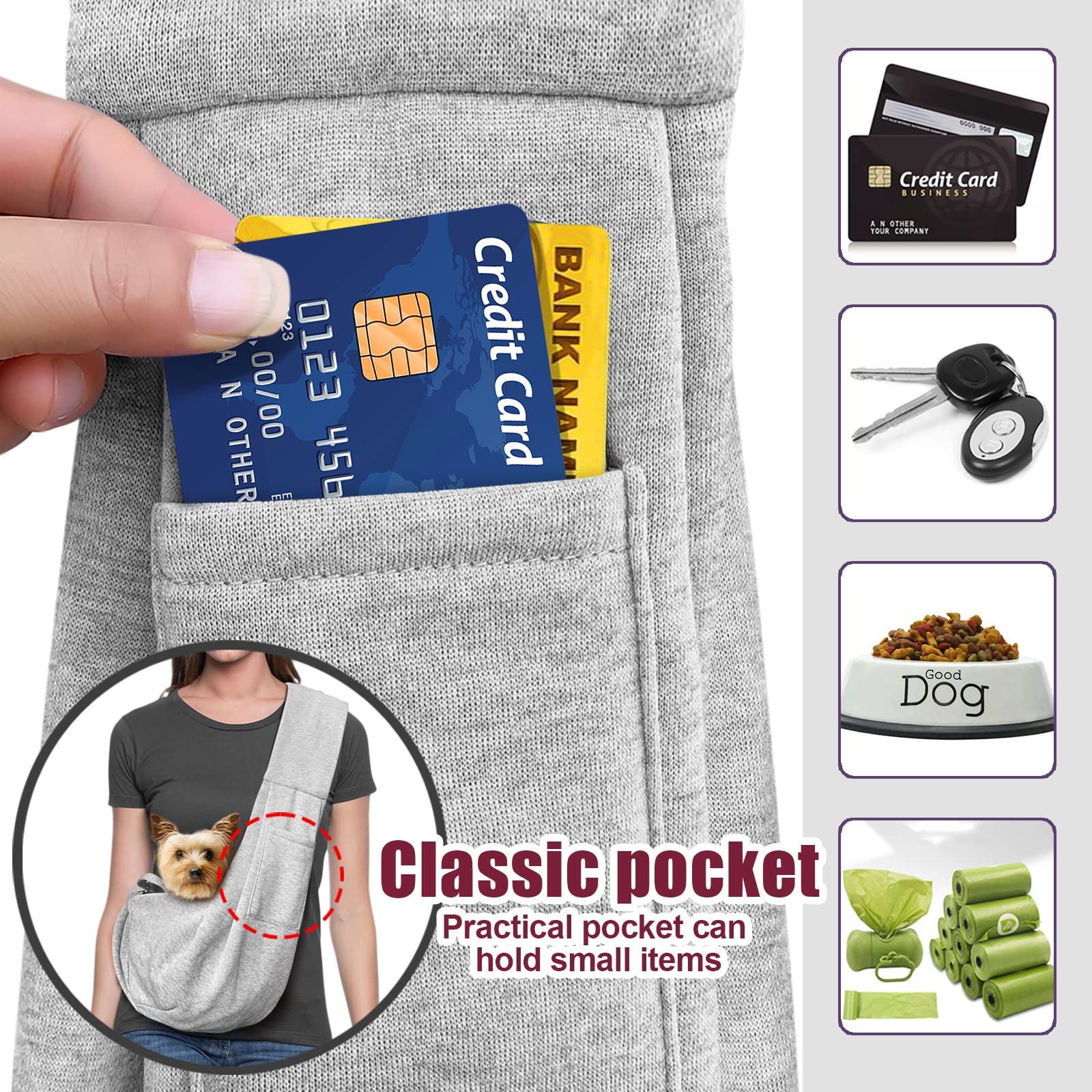 Artisome dog sling front pocket grey showing convenient storage for treats and keys.