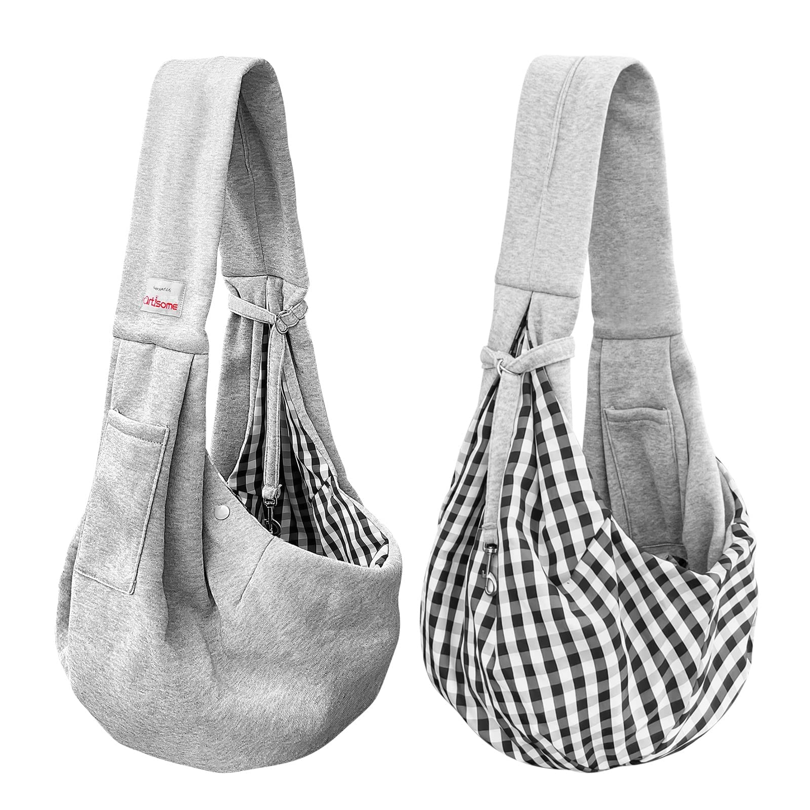 Artisome dog sling in use outdoors grey demonstrates versatile travel for small dogs.