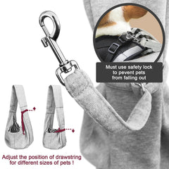 Artisome dog sling shoulder strap close-up grey emphasizes weight distribution.