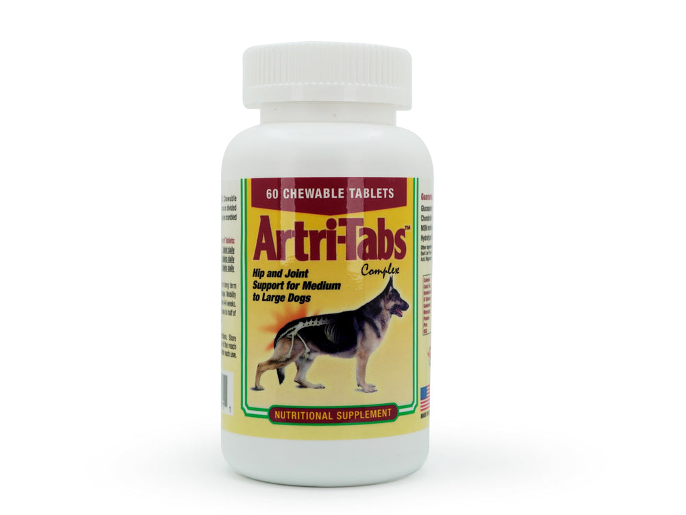 Artri-tabs beacon flavor tablets in bottle indicating joint support.