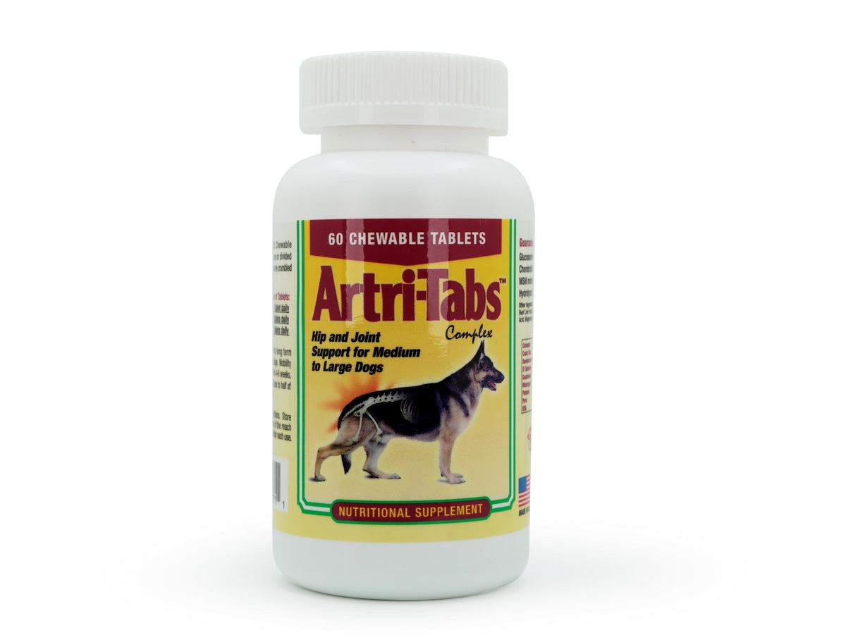 Artri-tabs beacon flavor tablets in bottle indicating joint support.