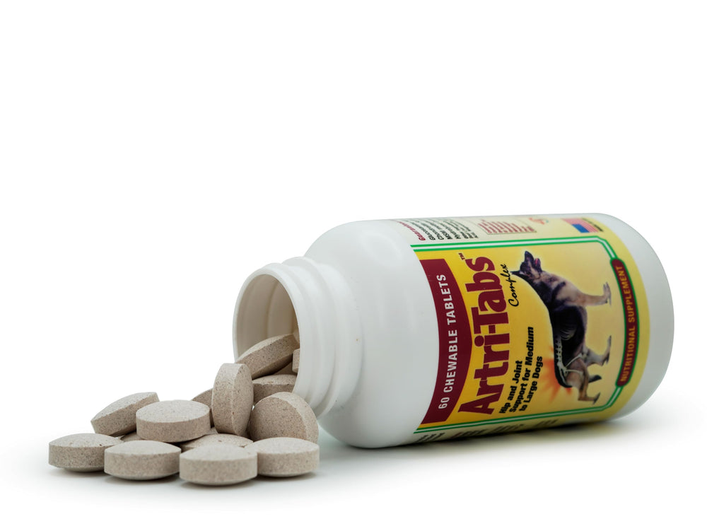 Artri-tabs dog bottle packaging highlights a 60-tablet supply for ongoing joint care.