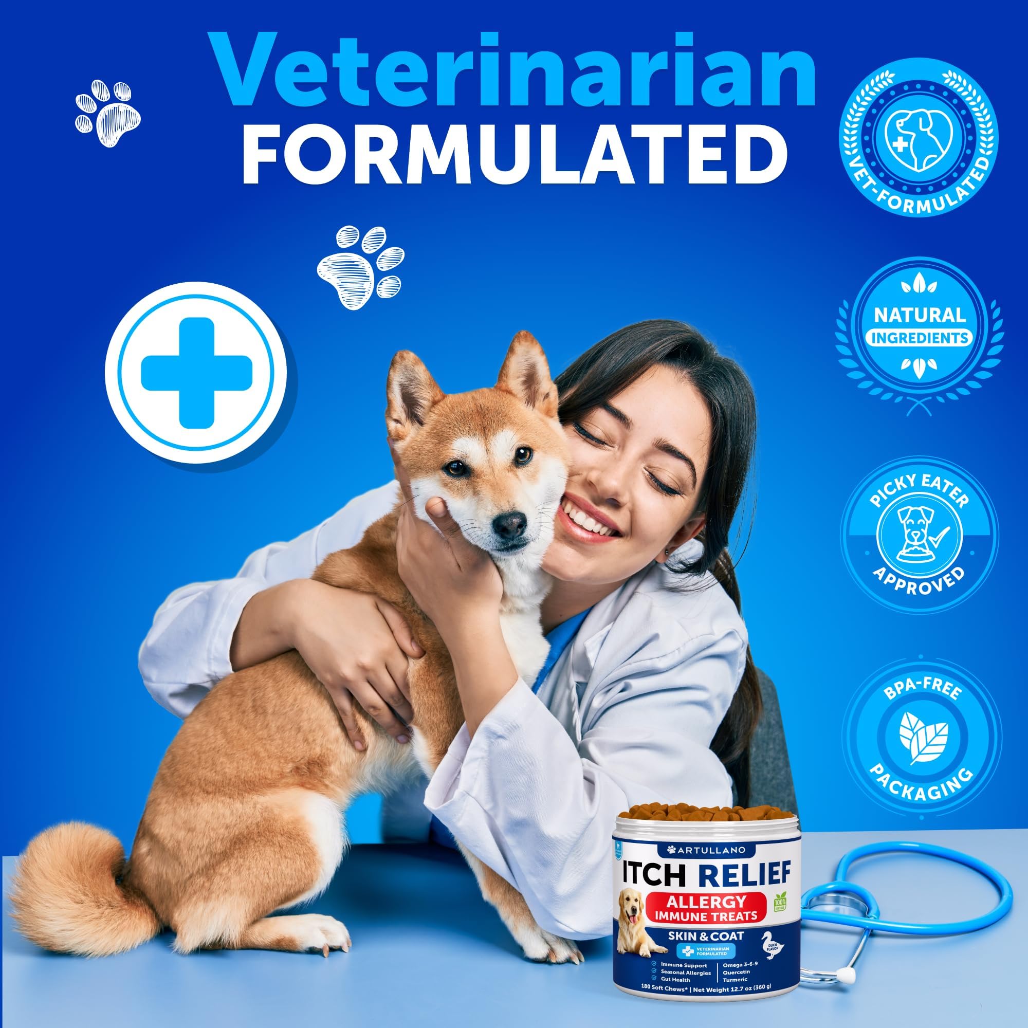 Artullano allergy chews hot spots relief closeup demonstrating skin comfort potential.