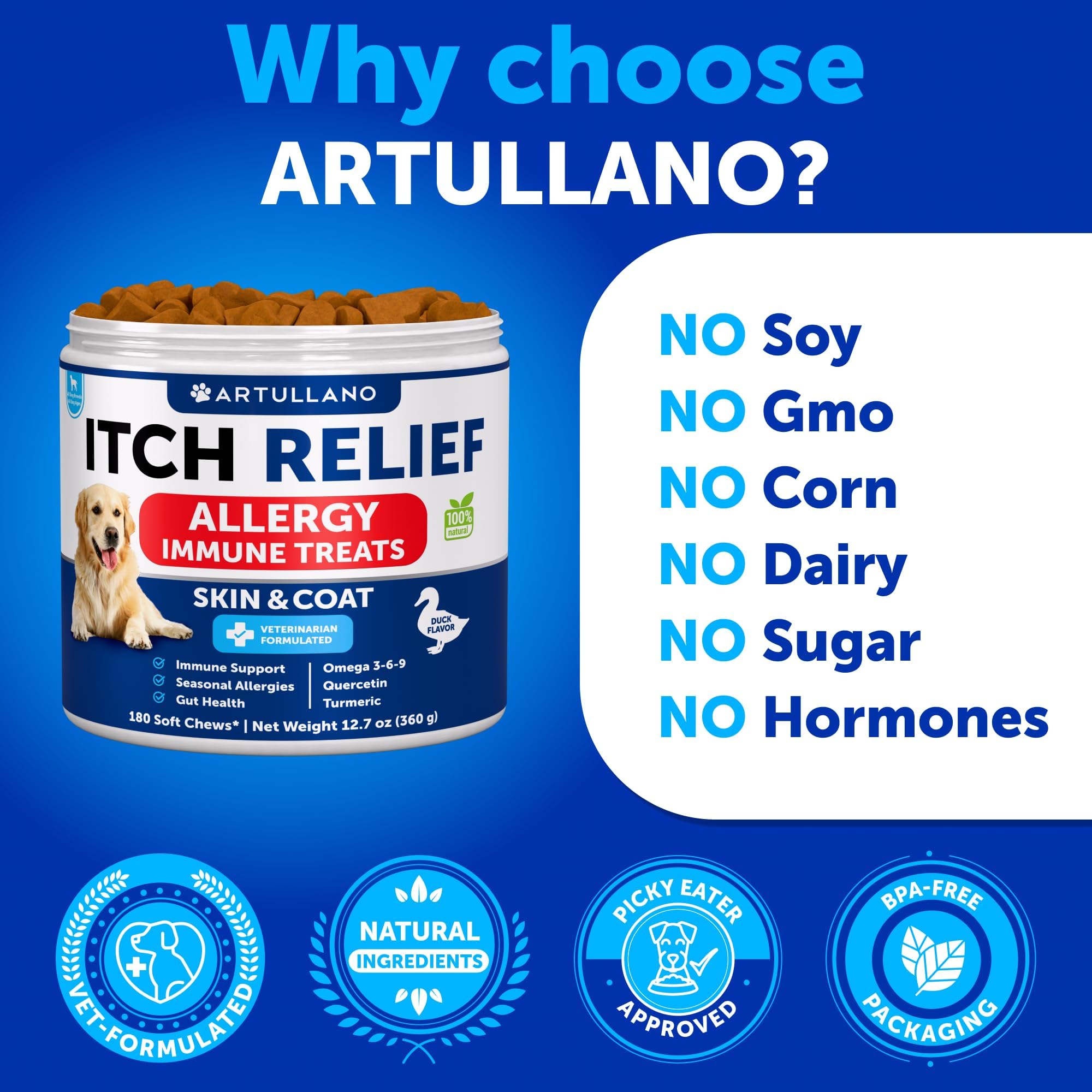 Artullano dog immunity support chews display labeling for immune system and digestion.