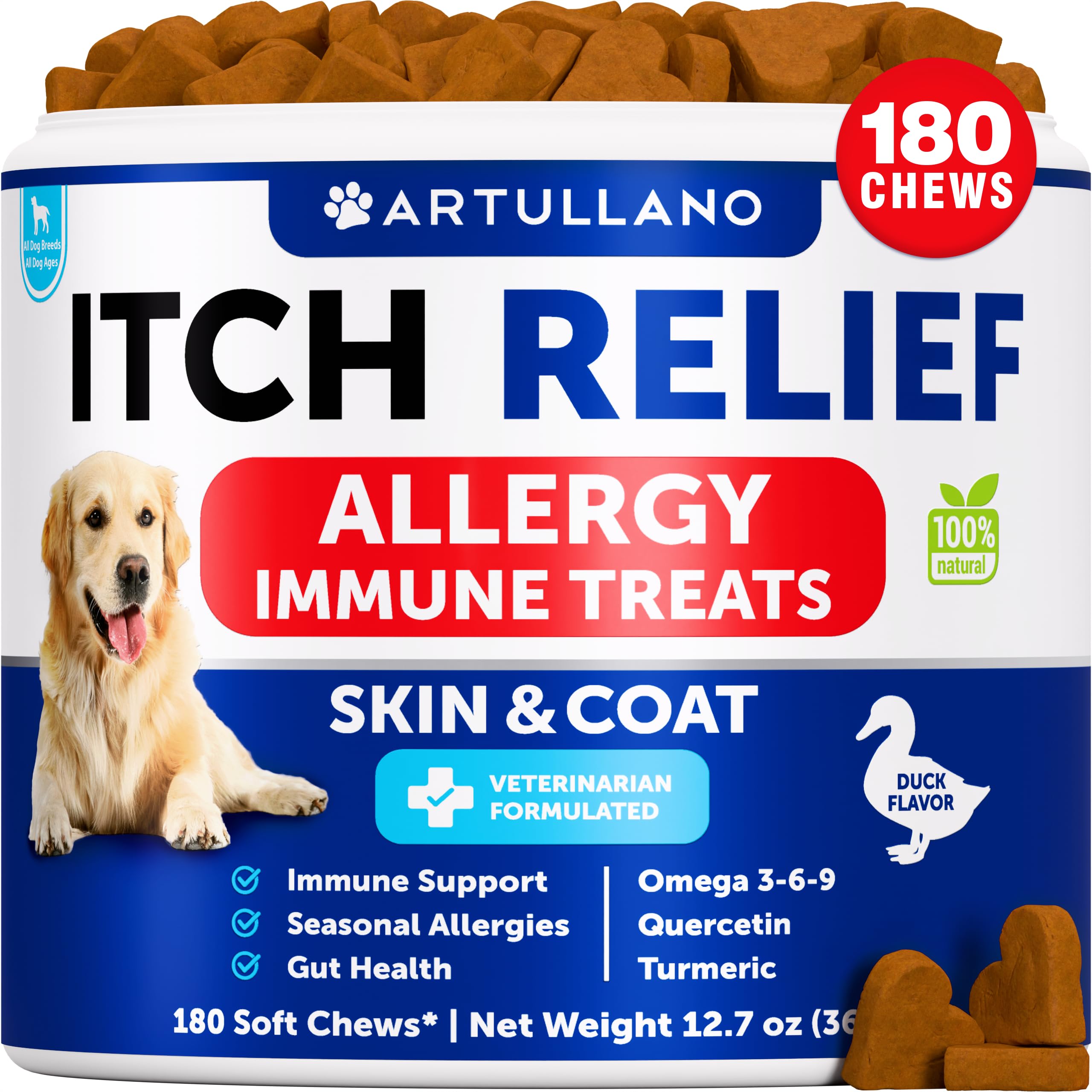Artullano Dog Allergy Relief Chews packaging showcases convenient allergy support for dogs.