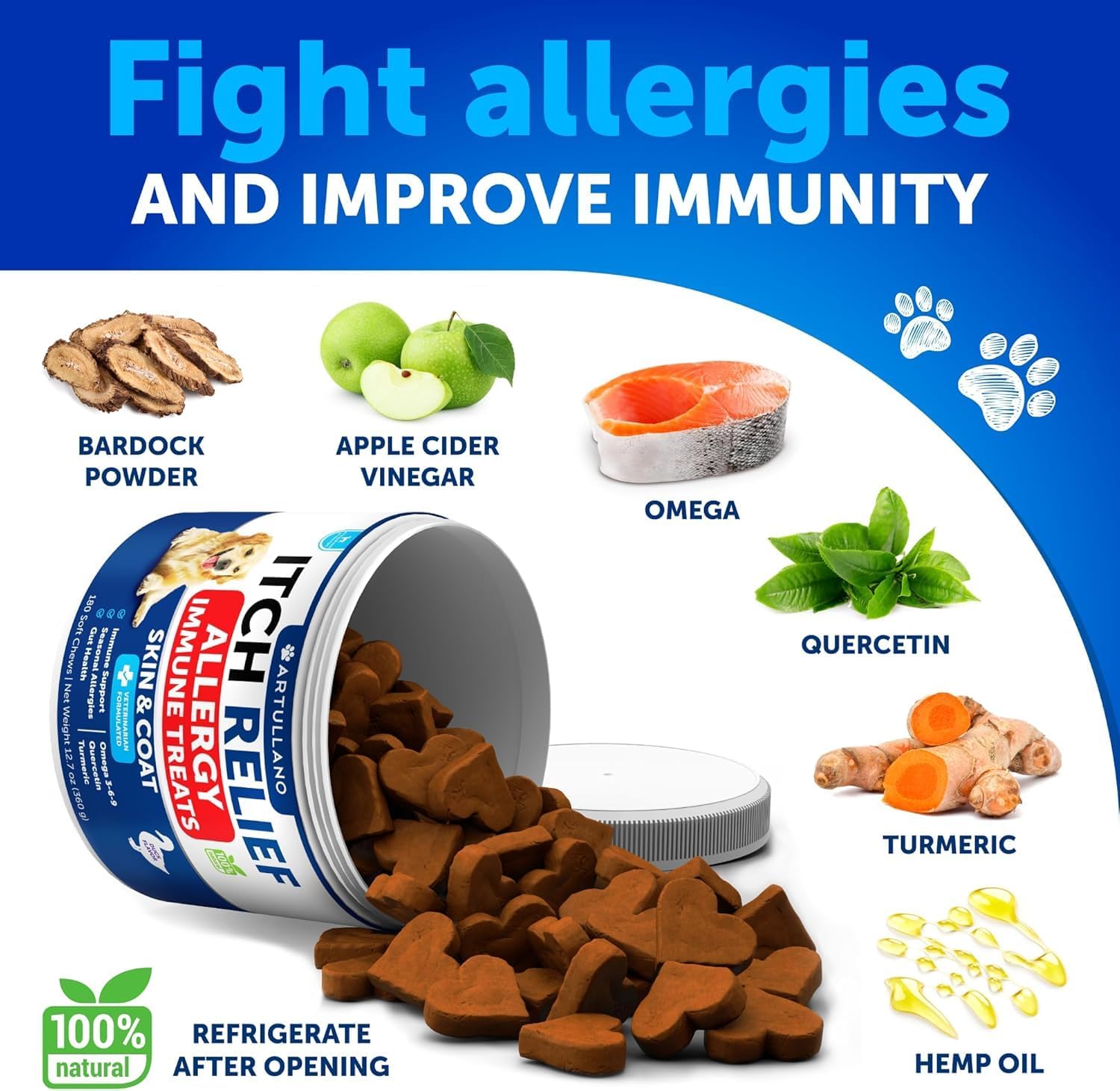Artullano Dog Allergy Relief Chews closeup showing texture and easy dosing.