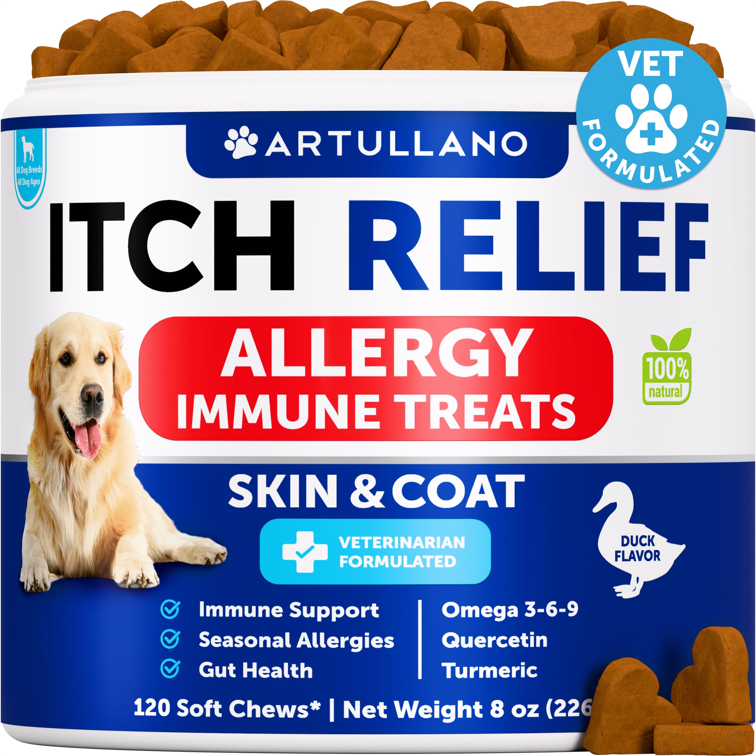 Artullano Dog Allergy Relief Chews pack showcasing skin and coat support.
