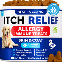 Artullano Dog Allergy Relief Chews pack showcasing skin and coat support.