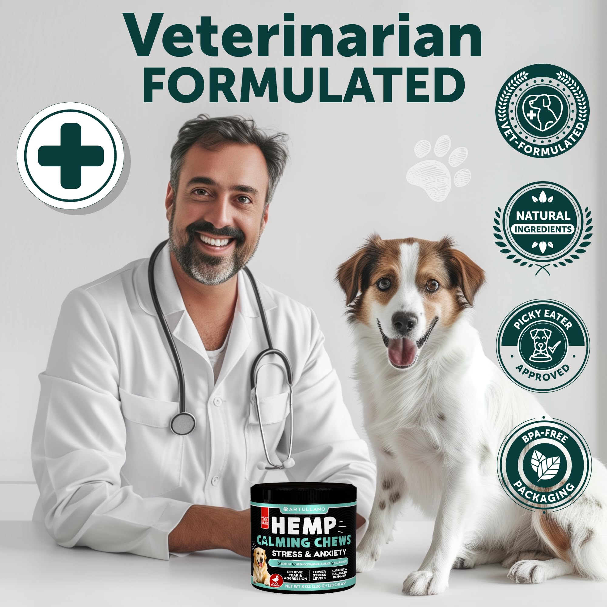 Artullano 120-count calming chews package offers long-term use.