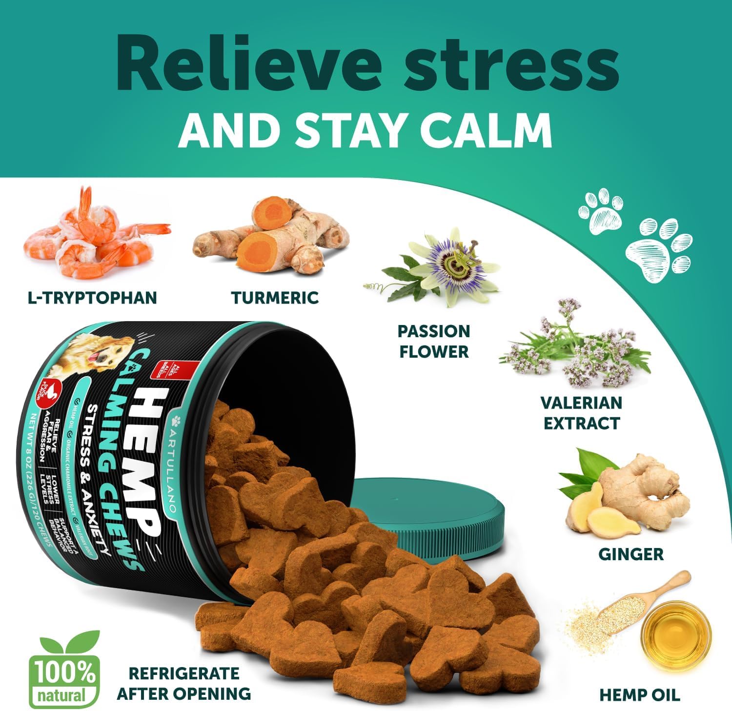 Artullano ingredients including hemp, turmeric and valerian for calm mood.